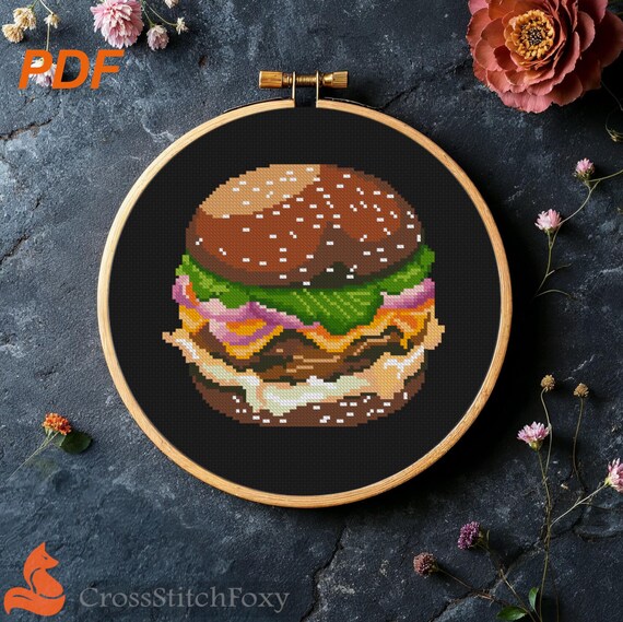 ハンバーガーのクロスステッチパターン：ファーストフードのキッチン