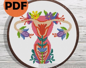 Uterus cross stitch pattern PDF, reproductive system floral anatomy cross stitch, feminist cross stitch pattern, cross stitch DIY home decor