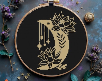 Mond Lotus Kreuzstich-Muster: Boho Dekor / Mystische Dekoration (PDF Download)