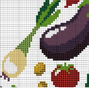 May include: Cross-stitch pattern of a purple aubergine, a red tomato, a yellow onion, and green leaves. The vegetables are arranged in a cluster, with the aubergine at the top and the onion at the bottom.