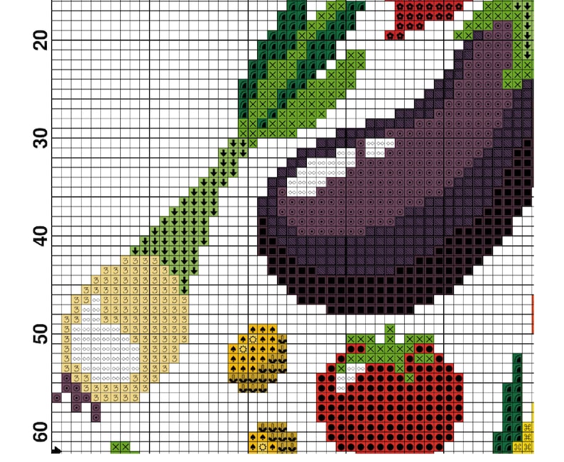 May include: Cross-stitch pattern of a purple aubergine, a red tomato, a yellow onion, and green leaves. The vegetables are arranged in a cluster, with the aubergine at the top and the onion at the bottom.