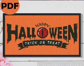 Happy Halloween Evil Eye cross stitch pattern PDF, Trick Or Treat cross stitch, horror cross stitch pattern