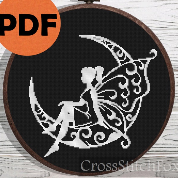 Fée mystère elfe avec ailes motif de point de croix PDF, ornement de fée magique, décor de mur de point de croix de pépinière