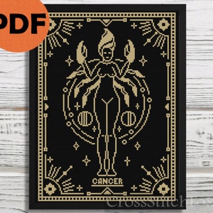 Weibliches Sternzeichen Kreuzstichmuster PDF, Krebs Sternzeichen Horoskopzeichen Kreuzstich schema, Astrologie Muster witchy Kreuzstich