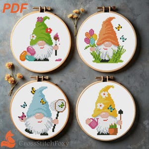 Spring Gnomes Cross Stitch Patterns: Flowers & Gardening (PDF Download)