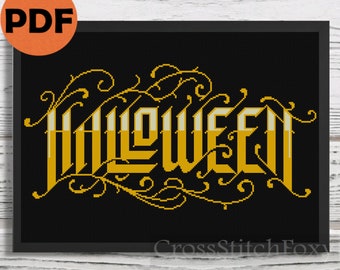 Gothic Halloween lettering cross stitch pattern PDF, Halloween cross stitch, horror cross stitch pattern