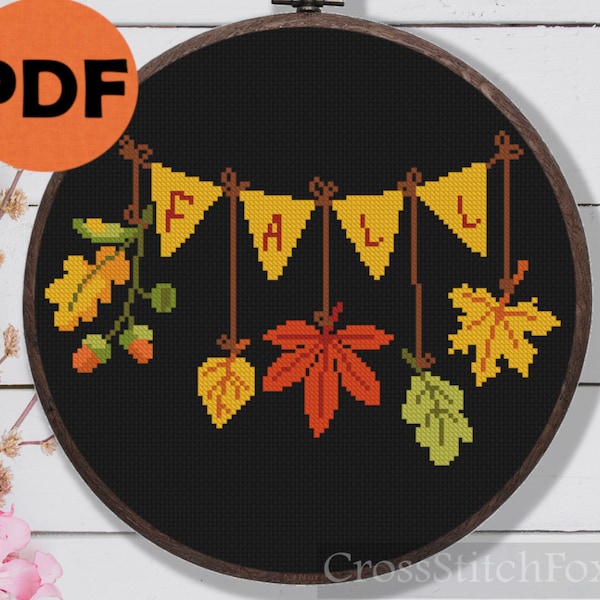 Fall Leaves Autumn Bunting Easy Cross Stitch Pattern PDF Digital Download