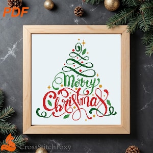 Merry Christmas Lettering Cross Stitch Pattern: Easy Holiday Ornament (PDF Download)