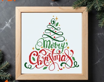 Merry Christmas Lettering Cross Stitch Pattern: Easy Holiday Ornament (PDF Download)