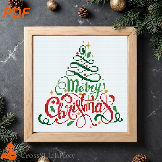 Merry Christmas Lettering Cross Stitch Pattern: Easy Holiday Ornament (PDF Download)