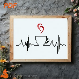 Coffee Heartbeat Cross Stitch Pattern: Kitchen Decor (PDF Pattern)