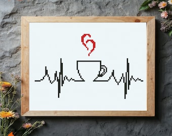 Coffee Heartbeat Cross Stitch Pattern: Kitchen Decor (PDF Pattern)