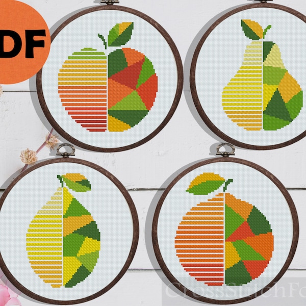 Fruit Cross Stitch Pattern PDF, Abstract Geometric Apple Lemon Orange Pear Cross Stitch Pattern, Kitchen Cross Stitch Pattern