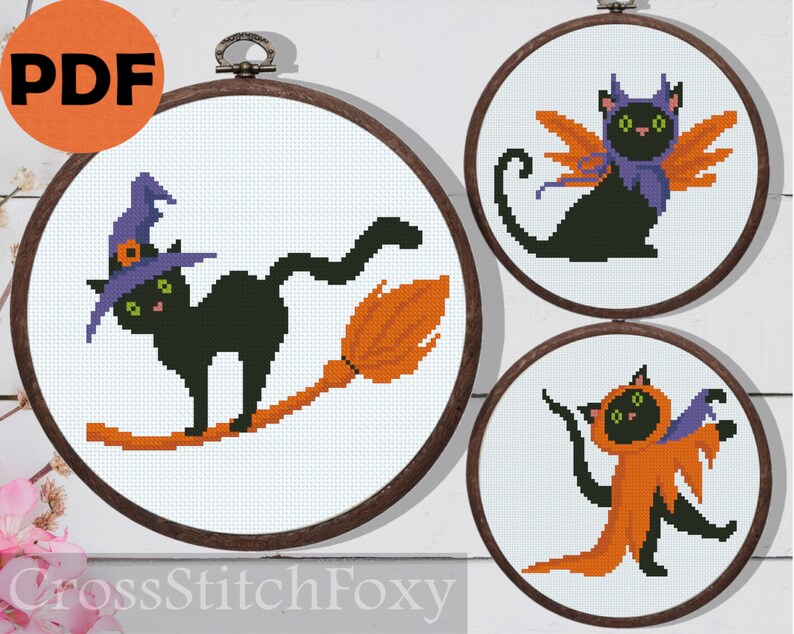 Halloween Cat Witch Hat Cross Stitch Patterns PDF Black - Etsy