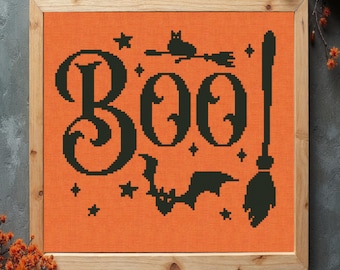 Boo Witch Cat Cross Stitch Pattern: Halloween Wall Decor (PDF Download)