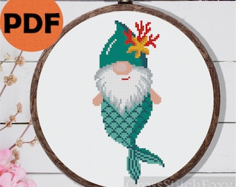 Mermaid gnome cross stitch pattern PDF, summer vacation gnome, beach gnome cross stitch