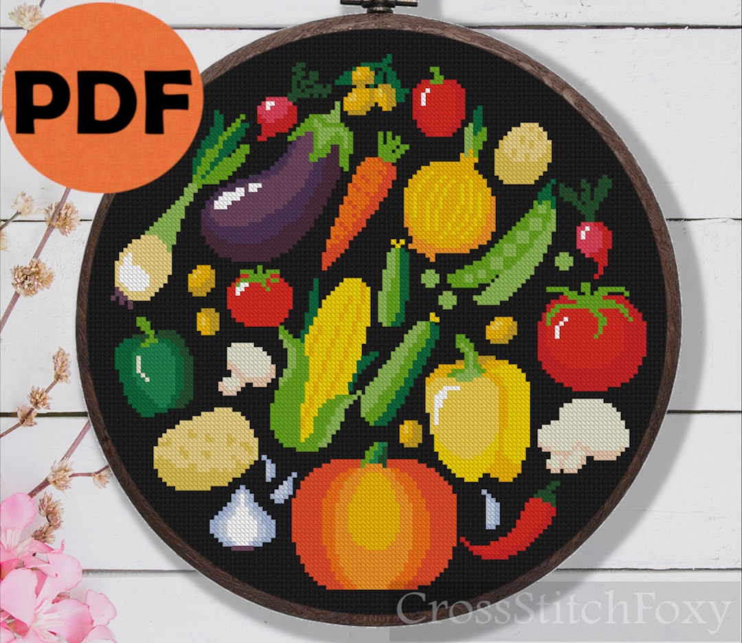 Kitchen Cross Stitch Pattern, Healthy Vegetable Food Cross Stitch