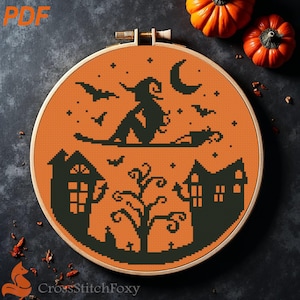 Witch on Broom Cross Stitch Pattern: Halloween Haunted House Wall Decor (PDF Download)