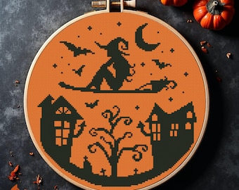 Witch on Broom Cross Stitch Pattern: Halloween Haunted House Wall Decor (PDF Download)