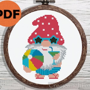 Summer gnome with sunglasses and ball cross stitch pattern PDF, summer gnome, cross stitch pattern small gnome