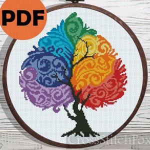 Floral Rainbow Tree Four Seasons Modern Easy Cross Stitch Pattern PDF ...