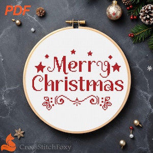Merry Christmas Lettering Cross Stitch Pattern: Easy Holiday Ornament (PDF Download)