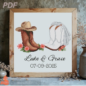 Wedding Cowboy Boots Cross Stitch Pattern, Pink Theme + Brush Alphabet for Personalizing (PDF Download)