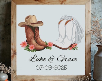 Wedding Cowboy Boots Cross Stitch Pattern + Brush Alphabet for Personalizing (PDF Download)