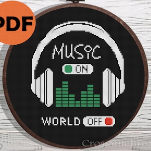 Music On cross stitch pattern PDF,  music cross stitch pattern, sound cross stitch pattern, headphones cross stitch