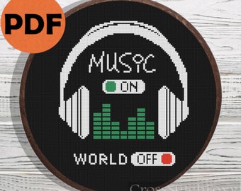 Music On cross stitch pattern PDF,  music cross stitch pattern, sound cross stitch pattern, headphones cross stitch