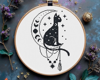 Kreuzstichmuster Katze auf dem Mond - PDF Digitaler Download