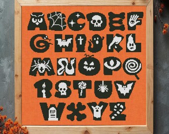 Halloween Alphabet Kreuzstichmuster: Gruseliger Geist, Kürbis, Spinne (PDF Download