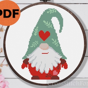 Gnome with heart cross stitch pattern PDF, easy Christmas gnome cross stitch pattern, small Scandinavian gnome home decor