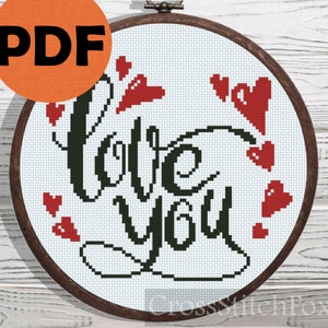 Wzór do haftu krzyżykowego Kocham Cię wzór do haftu PDF, Wzór na prezent ręcznie robiony na Walentynki, Wzór do haftu krzyżykowego Kocham Cię ślub