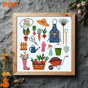 Hello Spring Cross Stitch Pattern: Gardening Sampler (PDF Pattern)