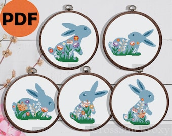 Floral Easter bunny cross stitch pattern PDF, easy small Easter rabbits set counted cross stitch pattern for beginners