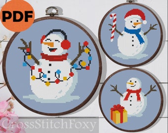 Christmas Snowman Cross Stitch Patterns PDF, easy Christmas ornament DIY counted cross stitch pattern, small snowman home decor