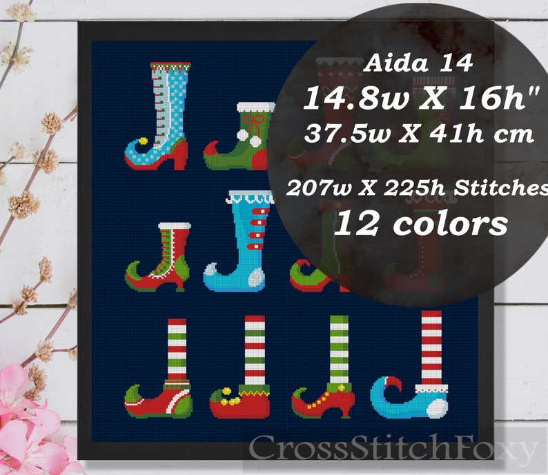 Puede incluir: Patr&oacute;n de punto de cruz para zapatos de duendes. El patr&oacute;n es para tela Aida de 14 hilos y mide 37,5 cm de ancho por 41 cm de alto. El patr&oacute;n utiliza 12 colores y tiene 207 puntos de ancho por 225 puntos de alto.