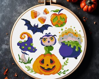 Halloween-prov Korsstygnsmönster PDF Uggla Pumpa Trolldryck Fladdermus Svamp
