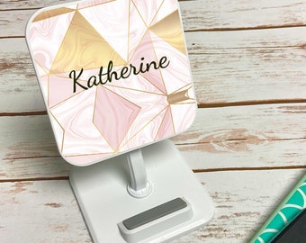 Personalised Square Desk Stand And Wireless Charger With Pink Geometric Design -  Phone Charger, birthday gifts, phone accessories, girly