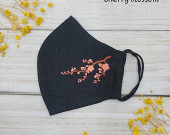 Cherry blossom face masks, hand embroidered floral designs w/ filter pocket & nose wire, washable reusable face mask Canada, ship USA