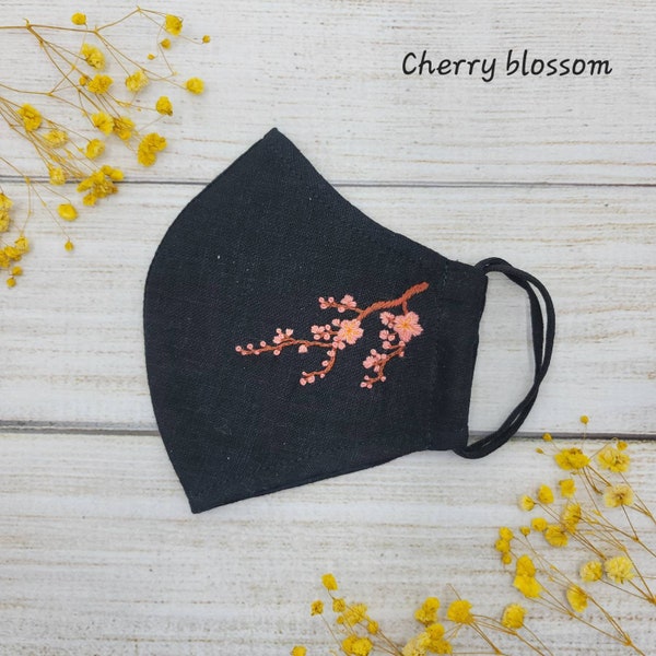 Cherry blossom face masks, hand embroidered floral designs w/ filter pocket & nose wire, washable reusable face mask Canada, ship USA