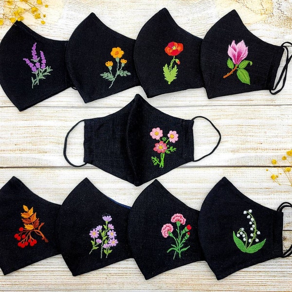 Magnolia linen face mask, hand embroidered 3 layers, filter pocket and nose wire, floral face mask, face mask, spring summer face mask