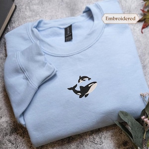 Orca Embroidered Sweatshirt – Killer Whale Ocean Crewneck – Cute Marine Animal Shirt – Coastal Gift for Nature and Sea Life Lovers