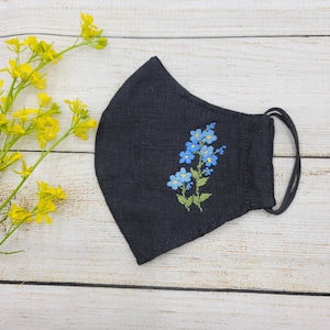 Forget me not, daisy flower face mask - hand made, embroidered linen 3 layers washable reusable face mask Canada, ship USA spring summer