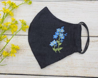 Forget me not, daisy flower face mask - hand made, embroidered linen 3 layers washable reusable face mask Canada, ship USA spring summer