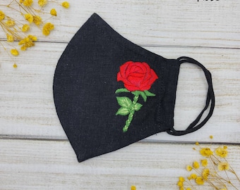 Floral face mask, hand embroidered linen face mask, rose face mask, with filter pocket and nose wire, mother's day gift