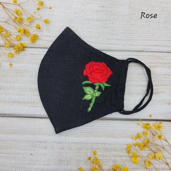 Floral face mask, hand embroidered linen face mask, rose face mask, with filter pocket and nose wire, mother's day gift