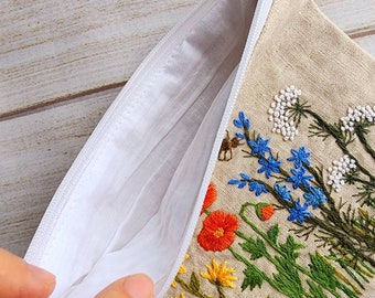 Hand Embroidered Bag, Zipper Pouch, Pencil Case, Make up Bag
