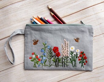 Hand Embroidered Bag, Zipper Pouch, Pencil Case, Make up Bag